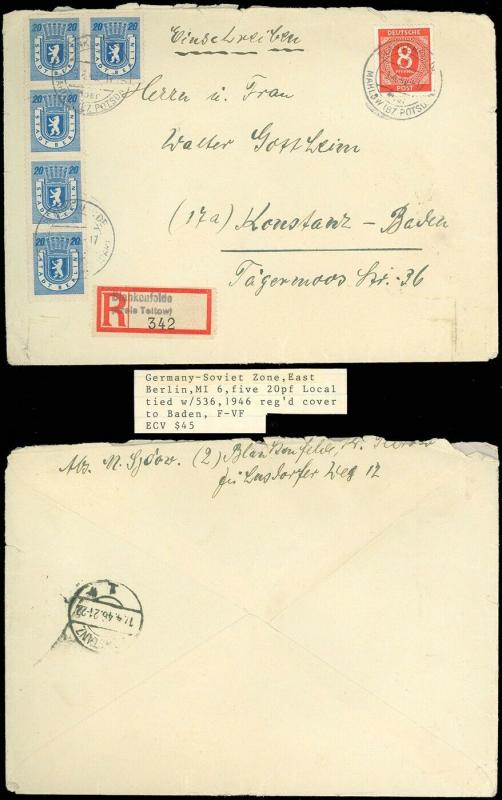 1946 REG'D Cov, BLANKENFELDE CDS, GERMANY-SOVIET ZONE, E. Berlin Local, SC #536!