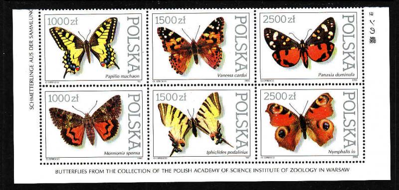 D3-Poland-Scott#3055a-unused NH block of 6-Butterflies-Insec