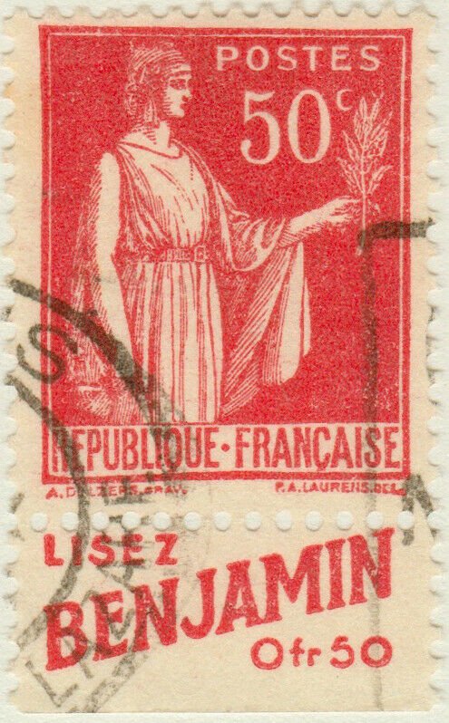 FRANCE - 1933 pub LISEZ BENJAMIN sur Yv.283 50c Paix t.I (A2)