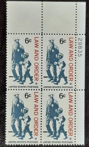 US Scott # 1343; 6c Law and Order from 1968; MNH, og; Plate Block of 4; VF;