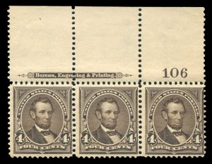 United States, 1894-95 #269 Cat$450, 1895 4c dark brown, top margin plate num...