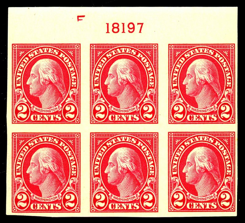 U.S. #577 MINT PL# BLOCK OF 6 OG LH