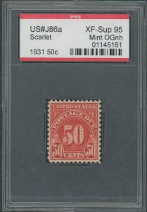 USA J86a - 50 cent Scarlet Postage Due - PSE Graded Slab: XF/Sup 95 Mint OGnh