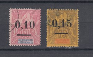 J45945 JL Stamps 1902 madagascar used commerce #53-4 ovpt,s