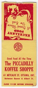 Canada Revenue 1/5¢ Excise Tax Matchbook THE PICCADILLY KOFFEE SHOPPE Ottawa