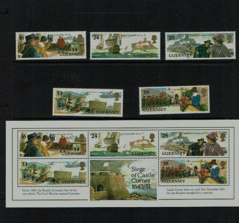 Guernsey: 1993, 350th Anniversary of Seige of Castle Cornet, MNH set + M/sheet