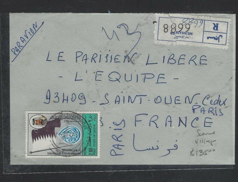 QATAR (P2601BB)  1982 2.80 R REG COVER FROM MUSHAIR EB TO FRANCE, SCARCE