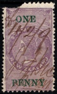 1870 New Zealand Revenue Queen Victoria One Penny Stamp Duty Used