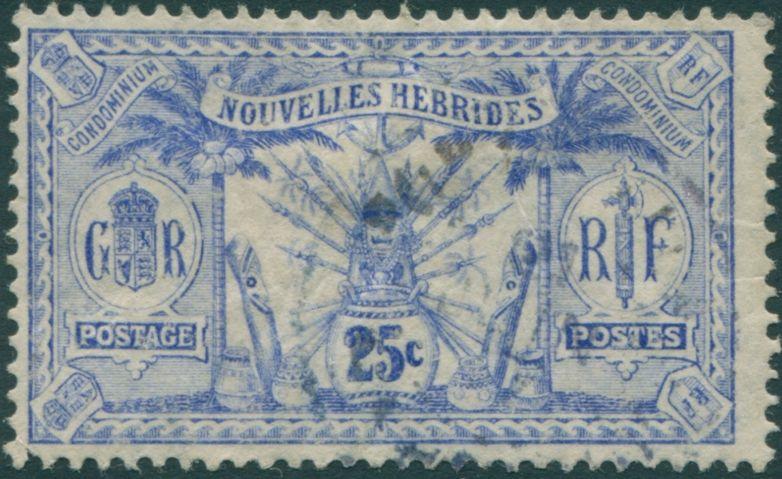 New Hebrides French 1911 SGF14 25c ultramarine Weapons Idols FU