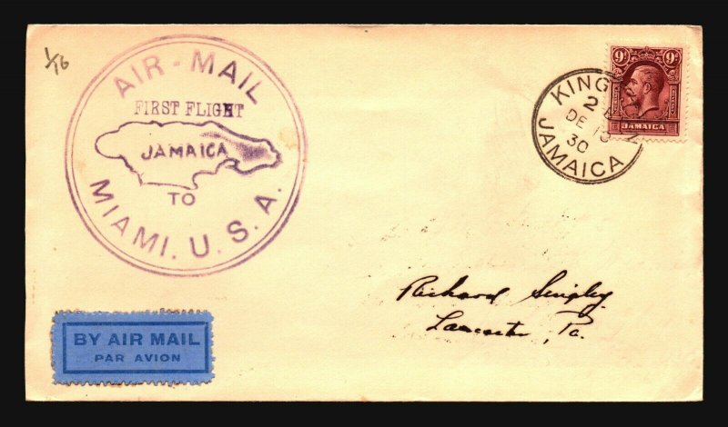 Jamaica 1930 First Flight Cover to Miami - Z17852