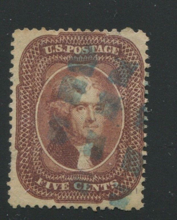 1857 US Stamp #28 5c type I Genuine Used Blue Cancel Catalogue Value $1090