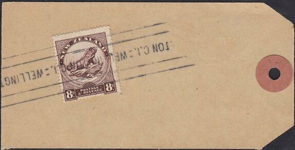 NEW ZEALAND 1935-40 8d Tuatara used on parcel tag Wellington to Auckland....1120