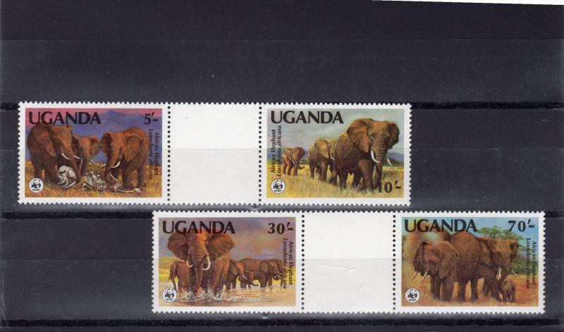 Uganda 1990 WWF Elephants Set 4 perforated inter-paneau se-tenant gutter-pairs