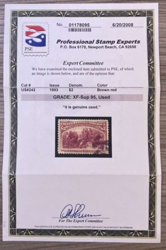 MOMEN: US STAMPS #242 USED PSE GRADED CERT XF-SUP 95 LOT #92141-3*