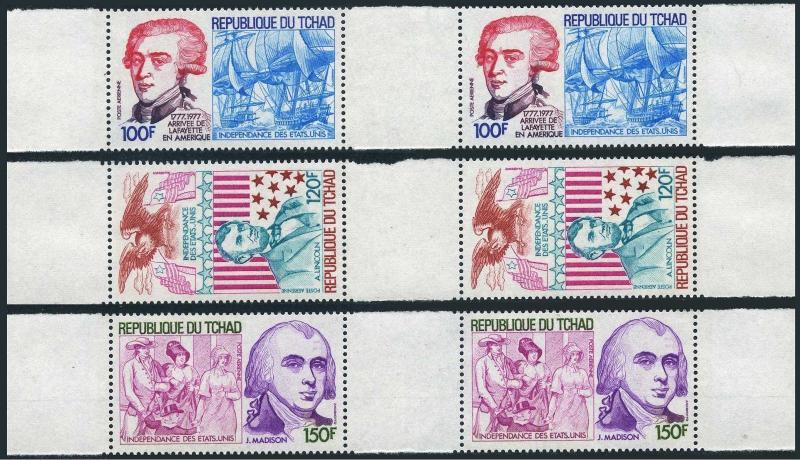 Chad C212-214 gutter,MNH.Mi 789-791. USA-200,1976.Lafayette,Ships;Lincoln,Eagle