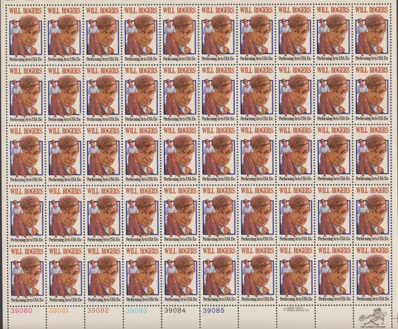 US #1801  Will Rogers  Full sheet of 50 -MNH