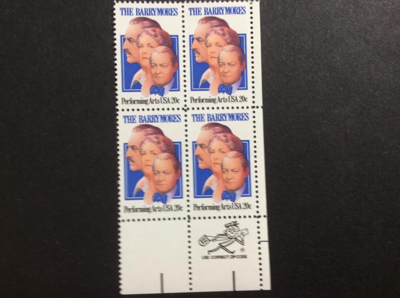 U.S.#2012 The Barrymores 20c Zip Block of 4, MNH.