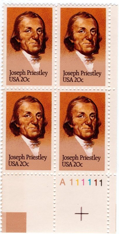 Scott #2038 Joseph Priestly (Chemistry) Plate Block of 4 Stamps - Mystic