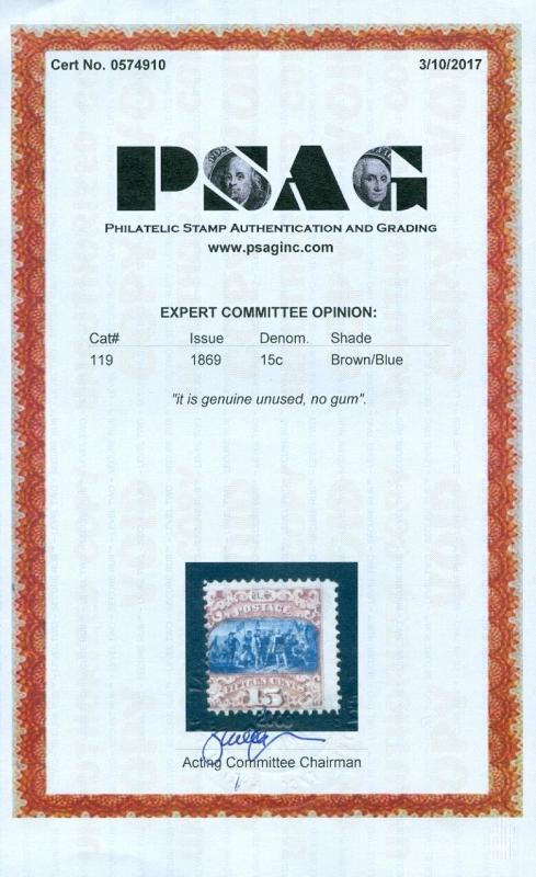 EDW1949SELL : USA 1869 Sc #119 Mint NG. Very Fresh & Scarce PSAG Cert Cat $1150