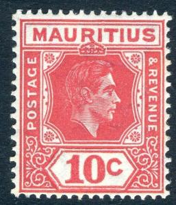 MAURITIUS-1942 10c Pale Reddish Rose Perf 15 x 14 Sg 256c LIGHTLY MOUNTED MINT 