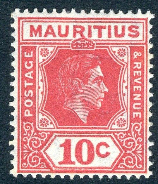 MAURITIUS-1942 10c Pale Reddish Rose Perf 15 x 14 Sg 256c LIGHTLY MOUNTED MINT 