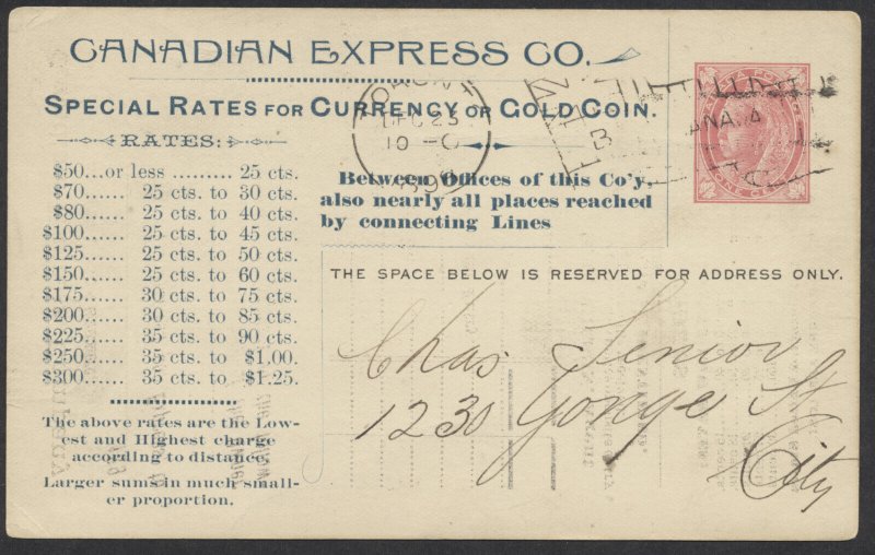 1898 1c Victoria Canadian Express Special Rates Card #SR1 Used At Toronto