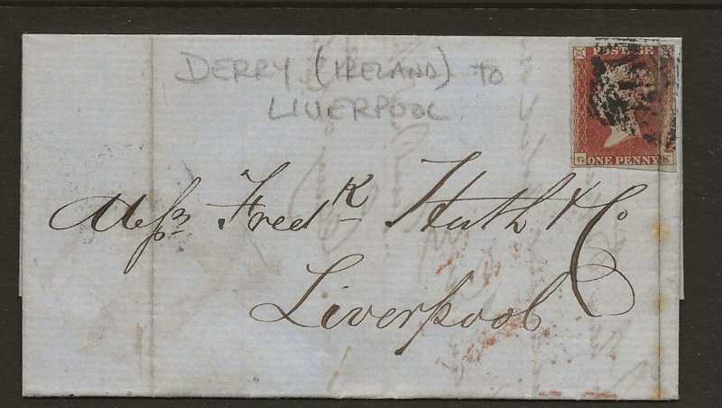 GB used in Ireland 1853 penny red imperf cover Derry to Liverpool