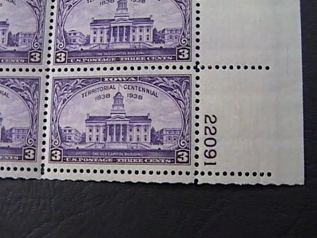 US # 838-MINT NEVER/HINGED---LR--PLATE # BLOCK OF 4(#22091)---OLD CAPITOL--1938