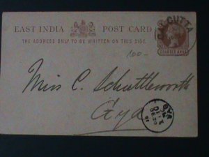 EAST INDIA-1854-QUEEN VICTORIA PRE PAID  POSTCARD -FANCY CANCEL-VF-170-YEARS OLD