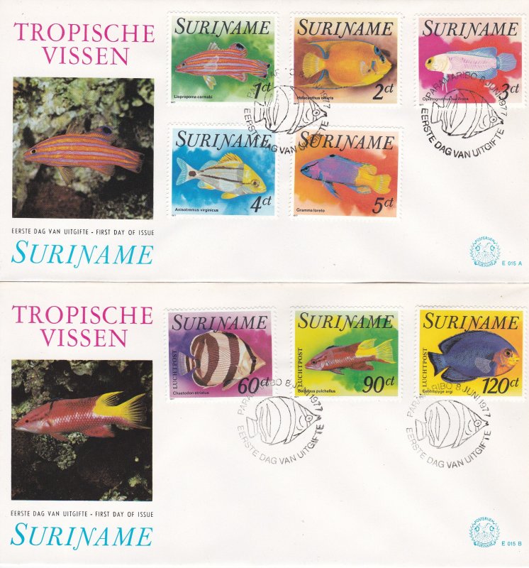 Suriname # 471-475, C72-74, Tropical Fish on 2 First Day Covers