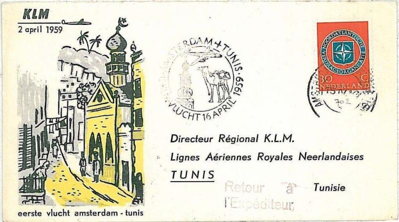 CAMEL - FIRST FLIGHTS AIRMAIL : POSTMARK on COVER: NETHERLANDS to TUNISIA 1959