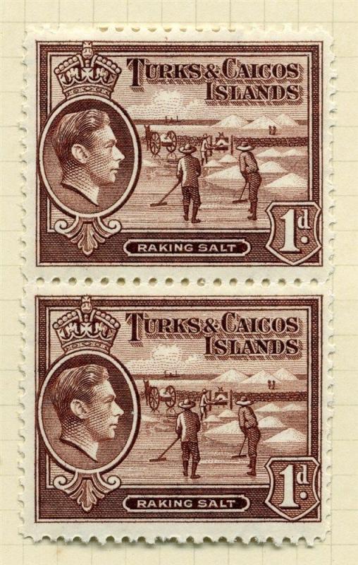 TURKS & CAICOS;  1938 early GVI issue fine Mint hinged 1d. PAIR ( Base MNH ) 
