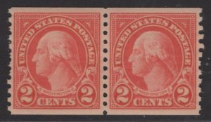 US Stamp #599 Pair Coil 2c Washington MINT Hinged SCV $.75