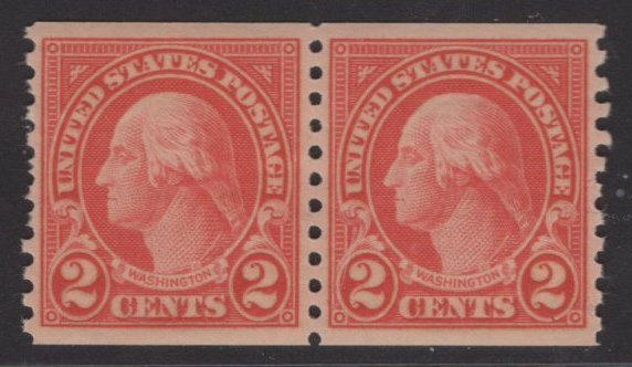US Stamp #599 Pair Coil 2c Washington MINT Hinged SCV $.75