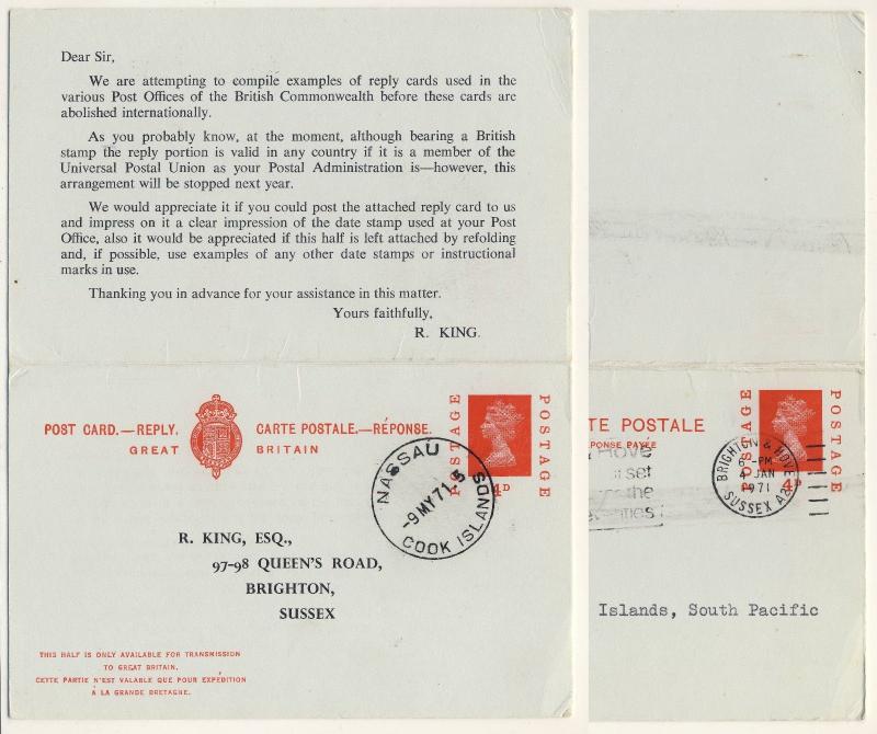 COOK ISLANDS - 1971 - NASSAU CDS ON 4d MACHIN REPLY-CARD TO ENGLAND - scarce