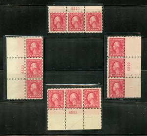 US Scott 499 FOUR Plate number strips of 3 of sll 4 positions Mint NH