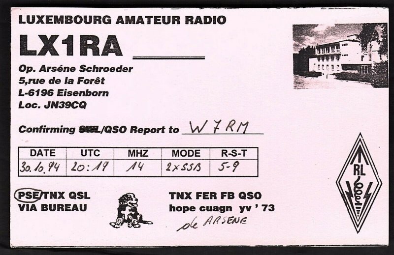 QSL QSO RADIO CARD Luxembourg/LX1RA/Op.Arsene Schroeder, (Q1886)