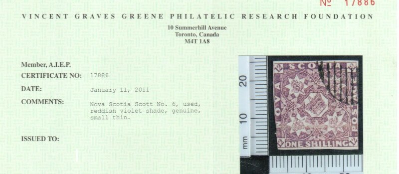 Nova Scotia #6 Used Fine - Tiny Thin **With Certificate**