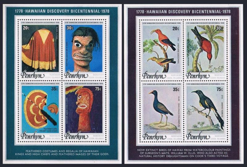 Penrhyn 93-96ab,93-96 cd sheets,MNH. James Cook,Hawaii-200,1978.Birds,Artifacts.