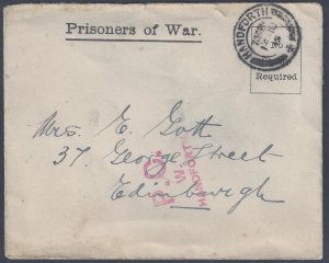 UK GB 1945 PRISONER OF WAR COVER HANDFORTH CAMP TO EDINBURGH