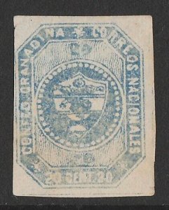 COLOMBIA 1859 Arms 20c blue, imperf 1st issue. .