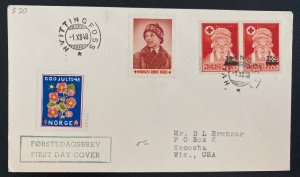 1948 Hvittingfoss Norway First Day Cover FDC To Kenosha WI USA God Jul Seal