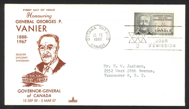 Canada Sc# 474 (Capital cachet) FDC single (c) 1967 9.15 Georges Vanier