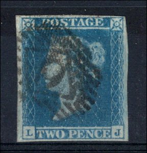 GB 1841 2d blue plate 3 LJ fine used good-large margins with the 'J; flaw cat