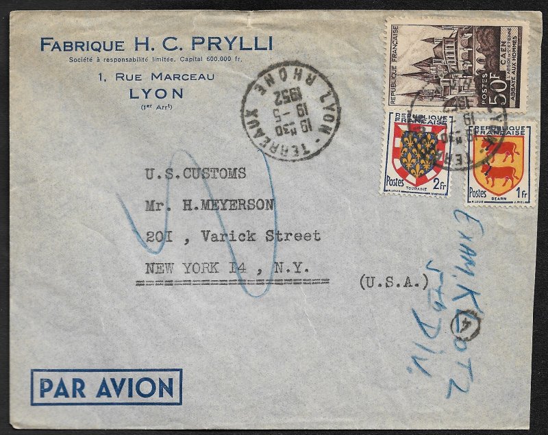 FRANCE 1952 HC PRYLLI CC Cover Multi Franked to US CUSTOMS NY Sc 661,662,674,