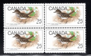 498, Scott - 25c, VF, MNHOG, Hermit Thrush, Block of 4, Canada Postage Stamp