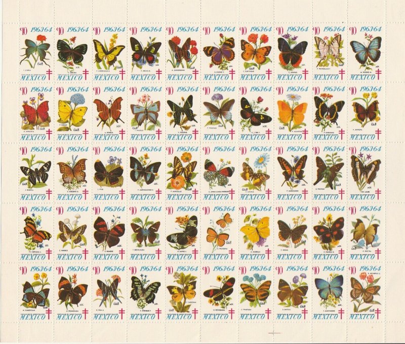 MEXICO TB SEALS, TB 1963-1964, 10¢ BUTTERFLIES, SHEET OF 50, MINT, NH. F-VF.