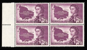 Norfolk Island #42 Cat$56, 1960 2sh8p rose violet, sheet margin block of four...