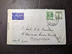 1941 Censored Australia Airmail Cover Swansea Tasmania to Bangalore S Africa