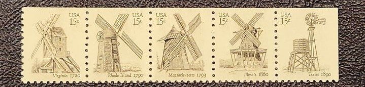 US Scott # 1738-1742; Strip of 5; MNH, og, dull;  15c Windmills from 1980;